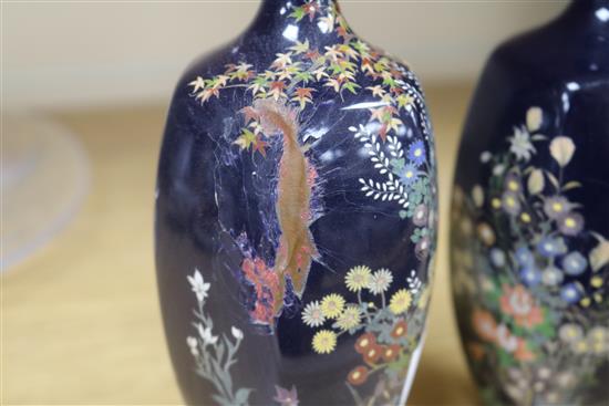 A pair of late 19th century Japanese cloisonne silver wirework vases, H.19cm
